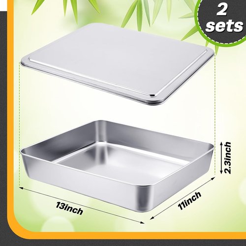 Funnymoom Stainless Steel Cake Pan Set - 11 x 13 Inch Rectangle Bakeware with Lids | Dishwasher Safe
