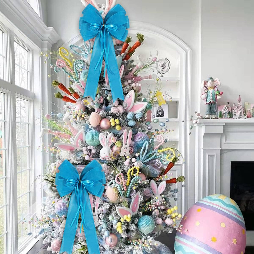 Skiennix Large Blue Easter Wreath Bow - Decorative Spring Tree Topper with Glitter String | 2 Pcs Set