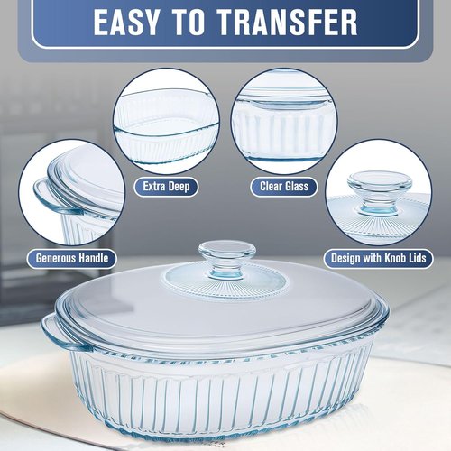 Glass Baking Dishes - 2 Pack Casserole Dishes with Lids | Oval Set for Lasagna & Leftovers, 1.9 Qt & 3 Qt