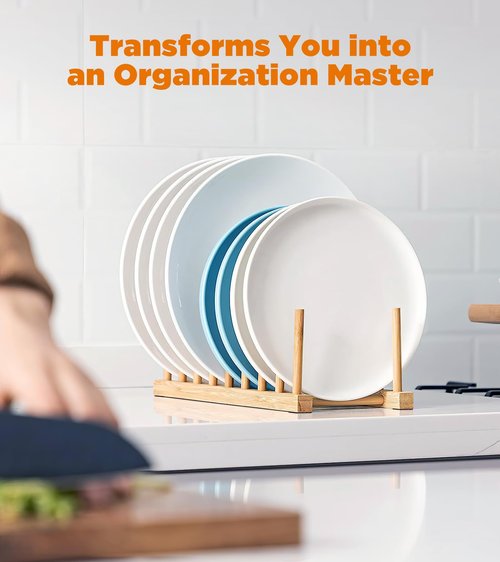 RISHTEN Bamboo Dish Drying Rack, 2 Pack Wooden Storage Holder Organizer for Plate/Bowl/Cup/Book/Pot/Lid/Cutting Board Drying Rack Stand Holder