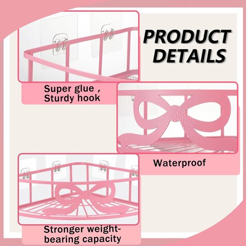 Coquette Pink Bow Corner Shower Caddy - No Drilling, 5 Adhesive Hooks | Stylish Bathroom & Kitchen Storage