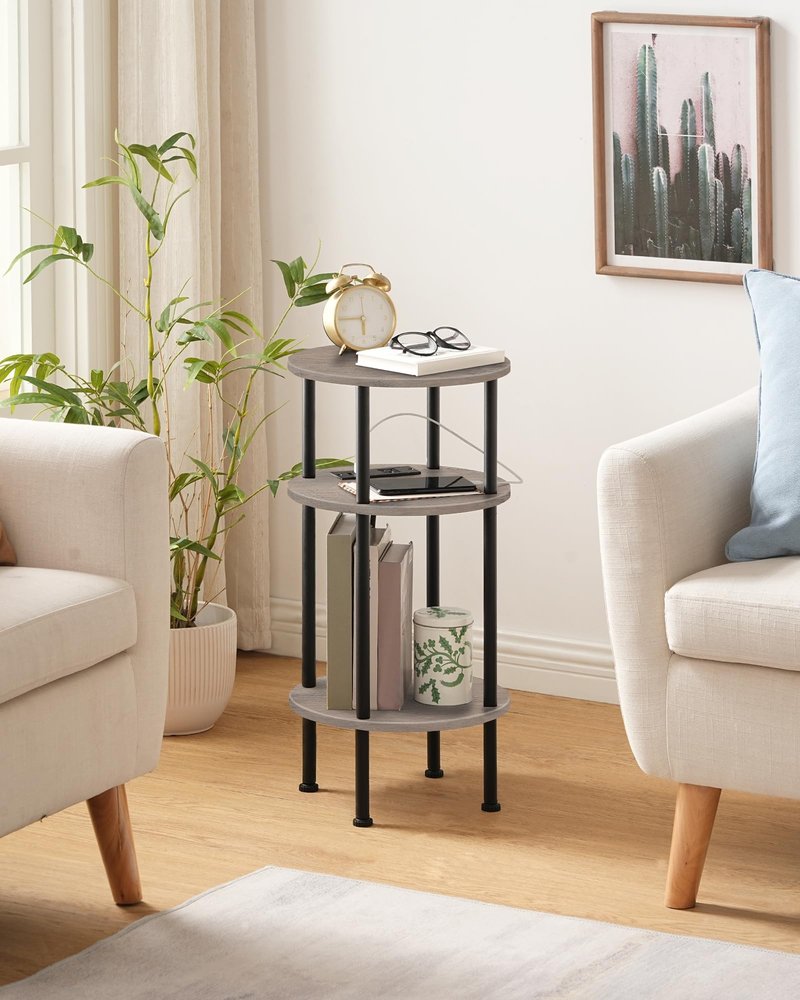 CHOEZON Small Round Side Table with Charging Station, Round End Accent Table, 3-Tier Sofa Side Table for Small Spaces, Nightstand for Living Room, Bedroom, Greige and Black TBZ06UFH