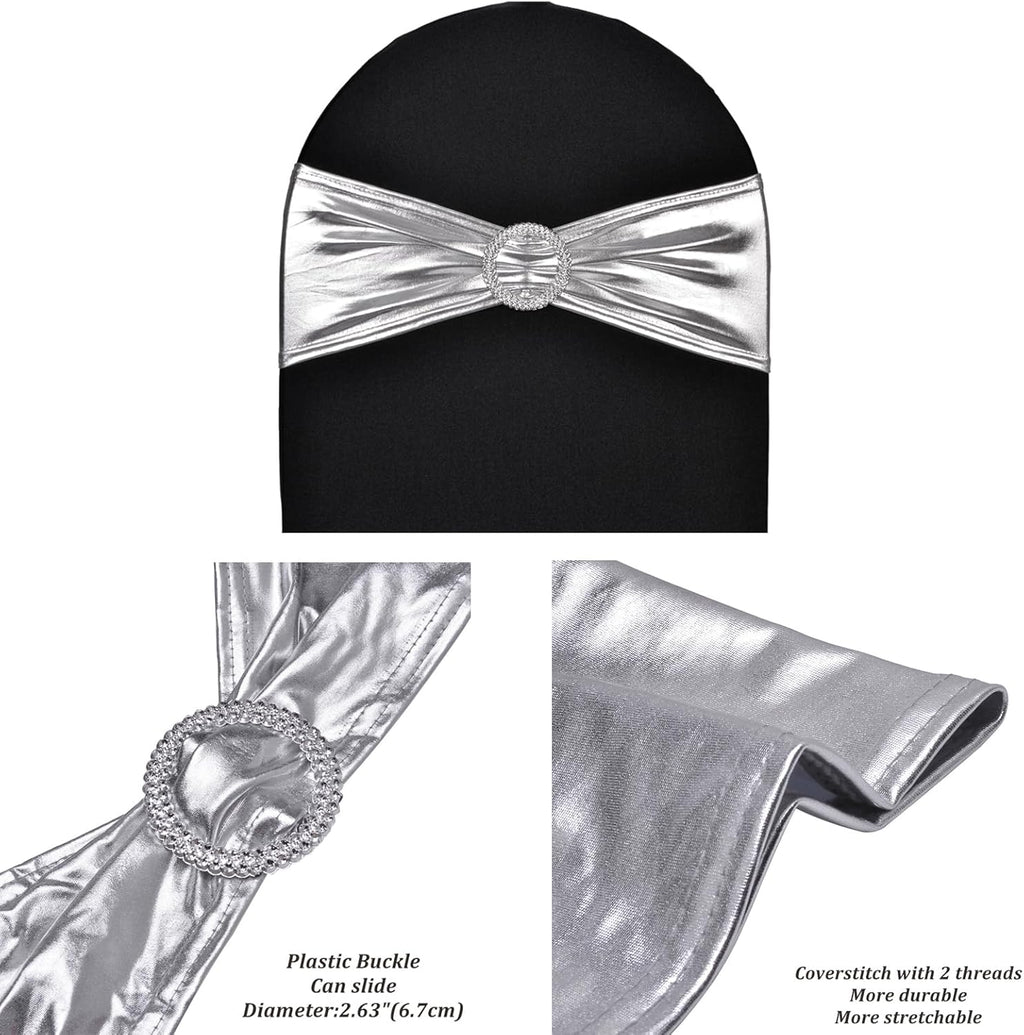 Skiennix Metallic Silver Stretch Chair Sashes - Durable Spandex Fitted Bows for Weddings & Events | 10-Pack