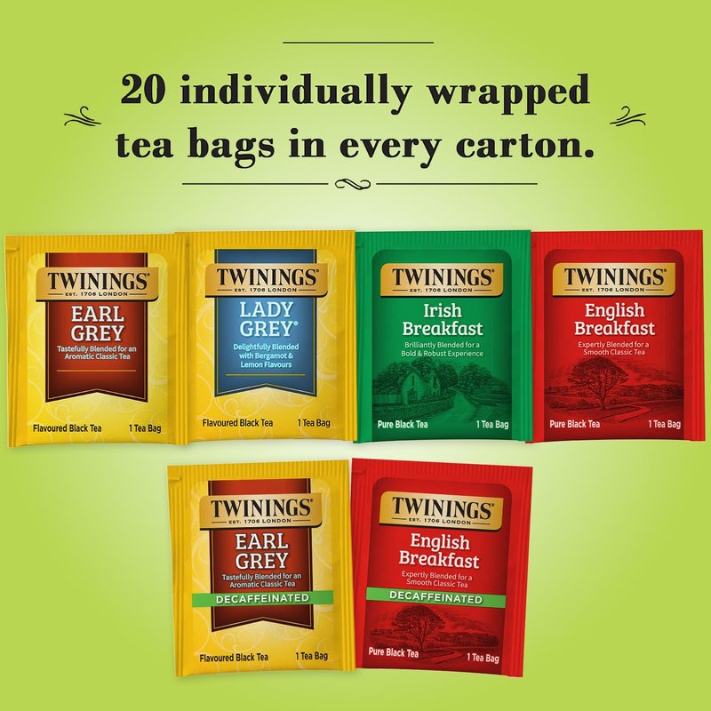 Twinings Tea Variety 6-Pack – Earl Grey, English Breakfast, Irish Breakfast, Decaffeinated Earl Grey, Decaffeinated English Breakfast, Lady Grey Tea Bags, 20 Count Each