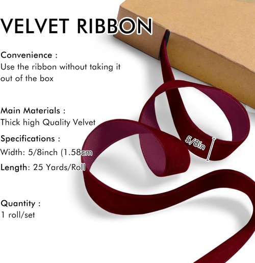 Burgundy Velvet Ribbon - 5/8'' x 25 Yards for Christmas Tree, Gift Wrapping & Bow Making