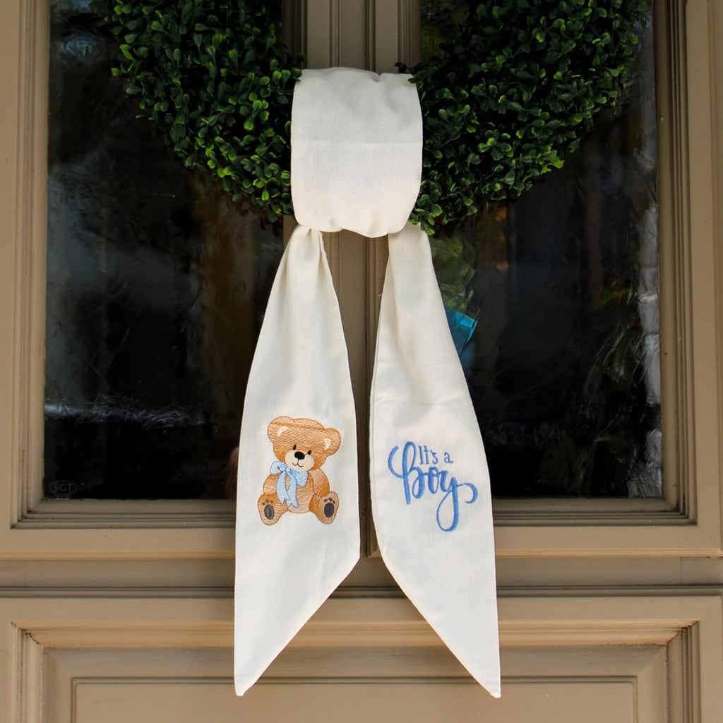 Regine Switzerland Wreath Sash - "It's a Boy" Embroidered Design, Quality White Linen | 56" L x 4.5" W Indoor/Outdoor Décor