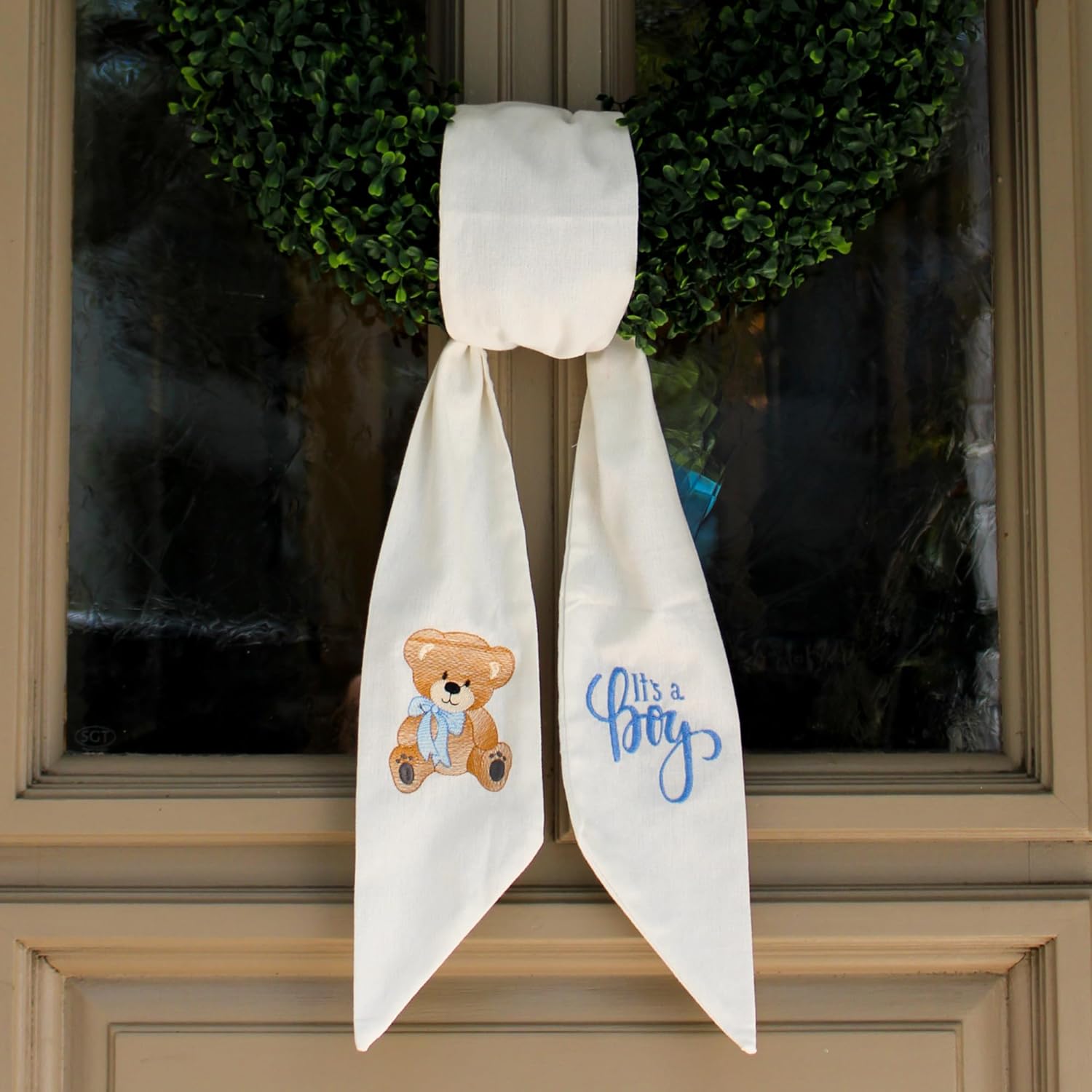Regine Switzerland Wreath Sash - "It's a Boy" Embroidered Design, Quality White Linen | 56" L x 4.5" W Indoor/Outdoor Décor
