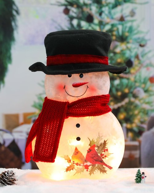 Bdor 11-Inch Glass Snowman Decoration - Light-Up Holiday Ornament with Cardinals & Red Scarf | Indoor Winter Décor