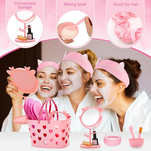 giftlyze 88 Pcs Spa Party Favor Supplies Bulk, Include Pink Basket, Mixing Bowl Set, Mirror, Headband, Scrunchies, Hair Brush, Loofah, Disposable Slipper for Spa Sleepover Birthday Party (Pink)