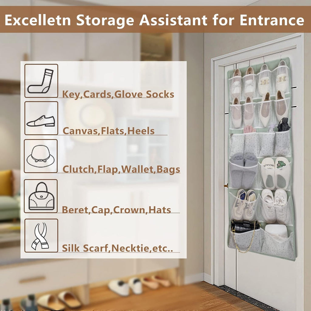 Skiennix 18-Pocket Over-The-Door Organizer - Versatile Storage for Shoes, Socks, Hats & More | Green