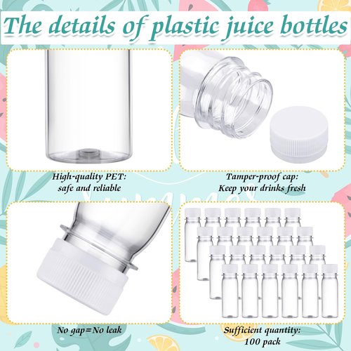 FoldTier 100 Pcs Plastic Juice Shot Bottles with Caps Small Clear Ginger Shots Bottles for Liquids Juice Jars Leakproof Containers with White Lids Marker Pen Labels for Essential Oil Milk Water (2 oz)