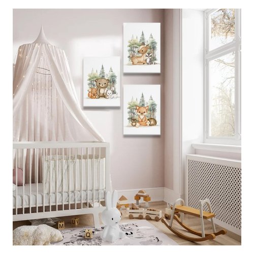 3 Pcs Nursery Woodland Animals Canvas Wall Art Fox Bear Deer Painting Picture Wall Decor Cute Wild Animals Poster Print Artwork For Baby Bedroom Kids Room Home Decoration 16inx24in Framed