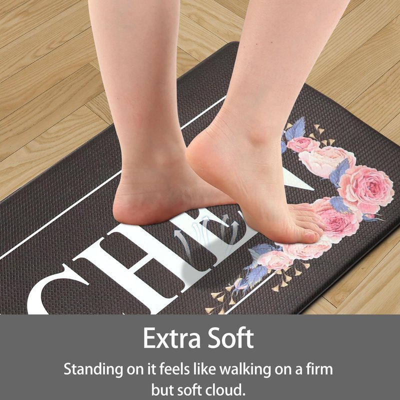 Floral Kitchen Mat Sets 2PCS Non Skid Waterproof Kitchen Rugs and Runner Sets Cushioned Anti-Fatigue Comfort Mat for Home,Office Memory Foam Kitchen Rug, 17.3"x30"+17.3"x47", Black/Pink