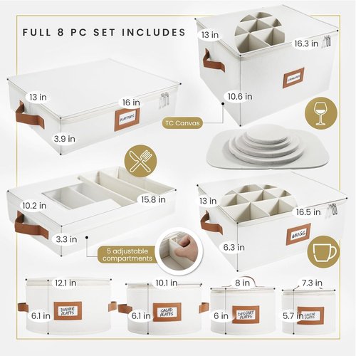 HOMELUX THEORY Hard Shell Storage Containers - 8pc Ivory Mug & Plate Boxes with Lids for Kitchen Organization
