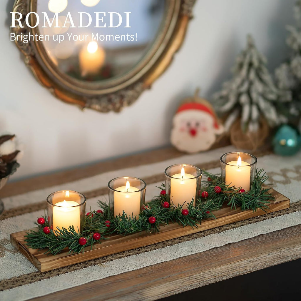 Romadedi Christmas Candle Holder - Rustic 4 Tealight Holders with Mini Wreaths | 16.5-Inch Wooden Tray for Holiday Table Decor