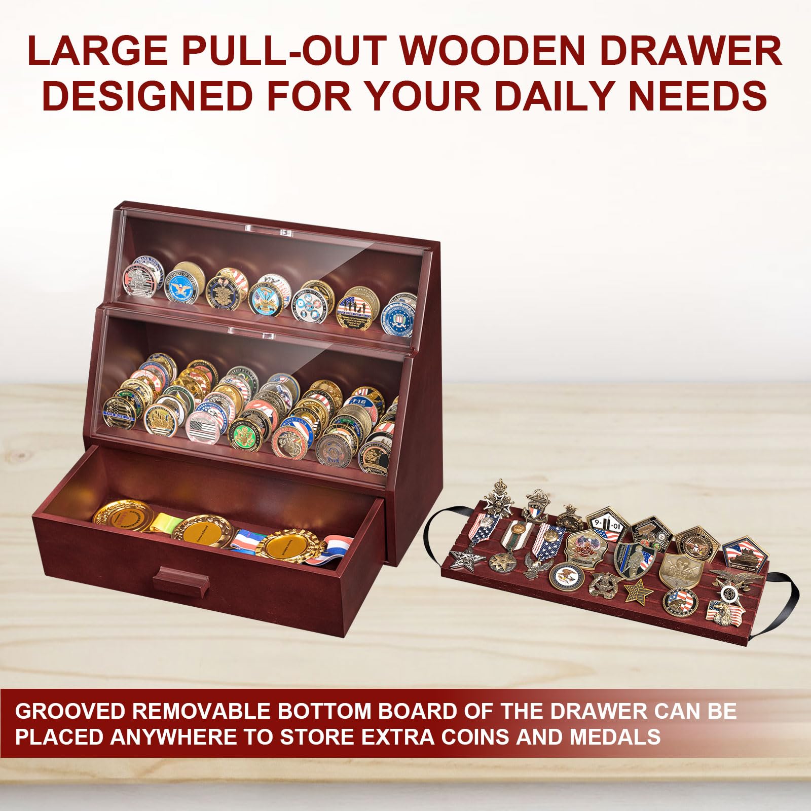 Miratino Challenge Coin Display Case 13 Row Military Coin Display Case Holds 100 Coins or Military Medals for Desktop, Solid Wood Challenge Coin Holder with HD Acrylic and Drawers, Mahogany