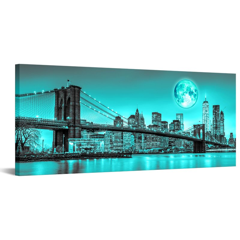 iKNOW FOTO Black White New York Canvas Prints Full Moon Night in Manhattan Picture Brooklyn Bridge Wall Art Modern Gallery Wrapped Canvas Print for Home and Office Decoration 20x48 Inches (Teal)