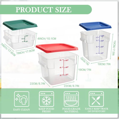 Lallisa 6 Pcs Food Storage Containers with Lids, Clear Square Food Containers with Handles Polycarbonate Restaurant Container Commercial Cereal Storage Set for Kitchen, 2, 4 and 6 Qt(Blue, Red, Green)