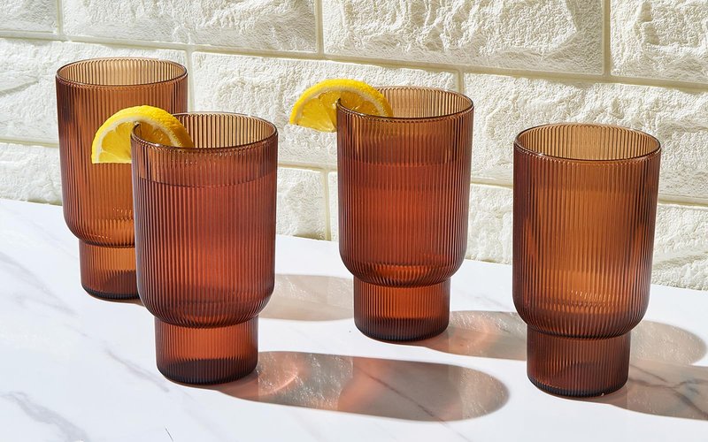 Shatterproof Acrylic Tall Drinking Glasses Set, European Style, Dishwasher Safe, Ribbed | Set of 4 | Fluted Tritan, Unbreakable BPA-free Plastic, Reusable Stackable Glassware 14.5oz - Burnt Orange