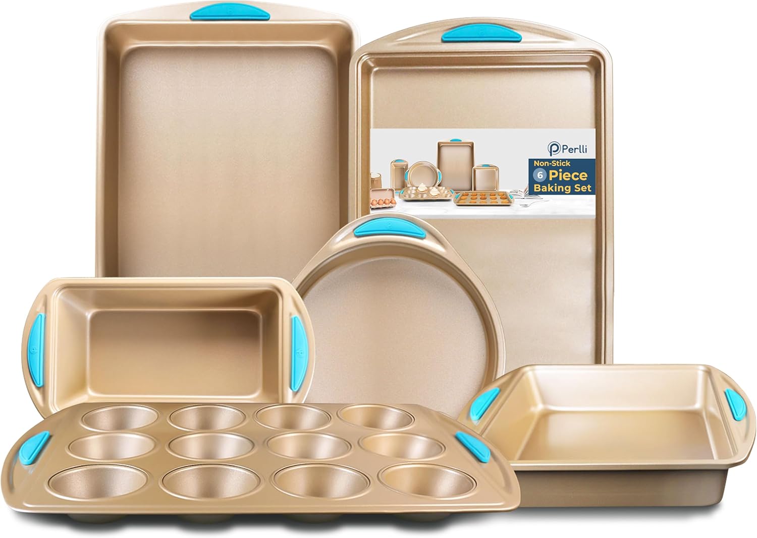 Perlli Baking Kit - Nonstick Gold Steel Oven Set with Silicone Handles | 6-Piece Bakeware Collection