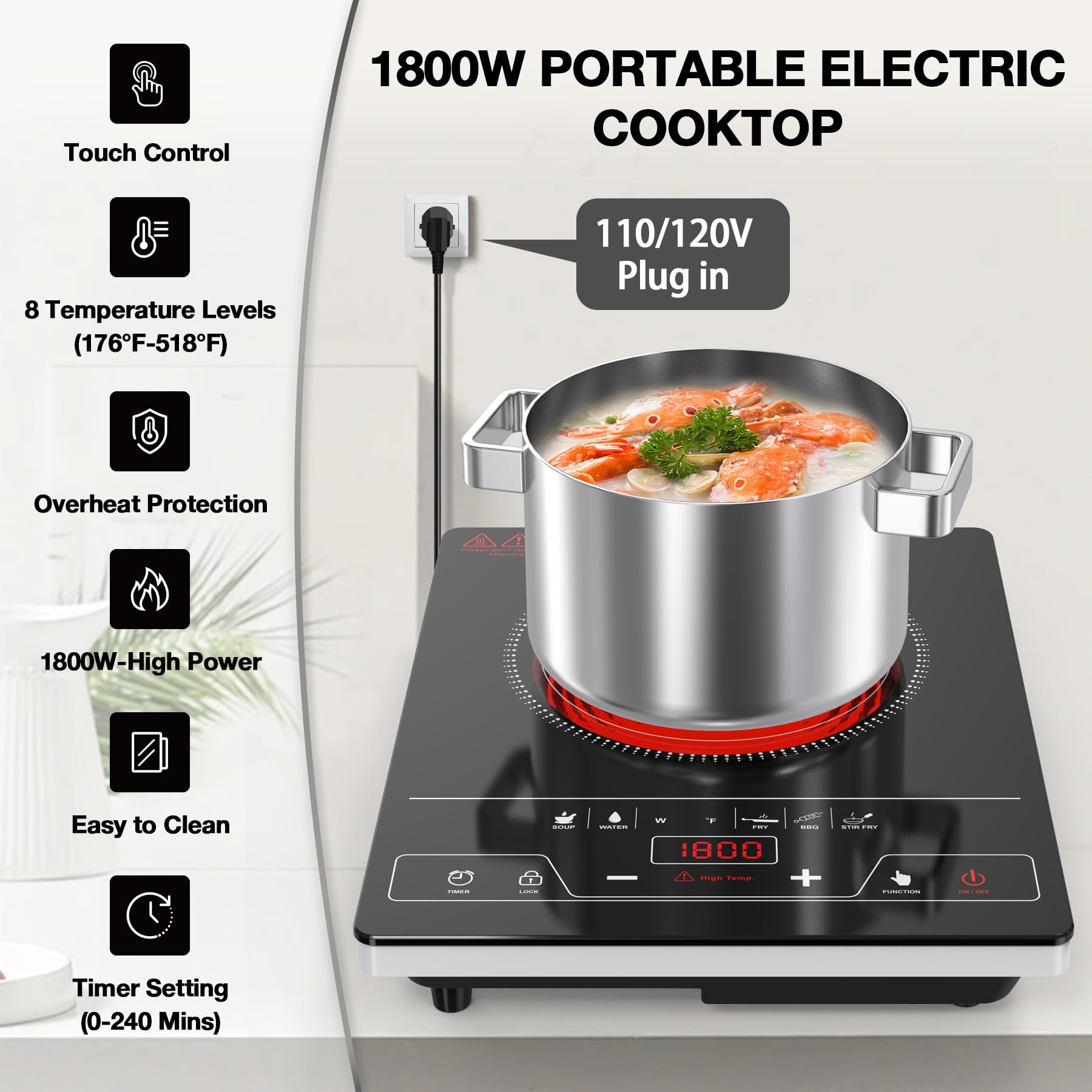 VBGK Single Burner Electric Cooktop,1800W Electric Stove Top Portable Cooktop LED Touch Control,8 Power Levels, Kids Lock