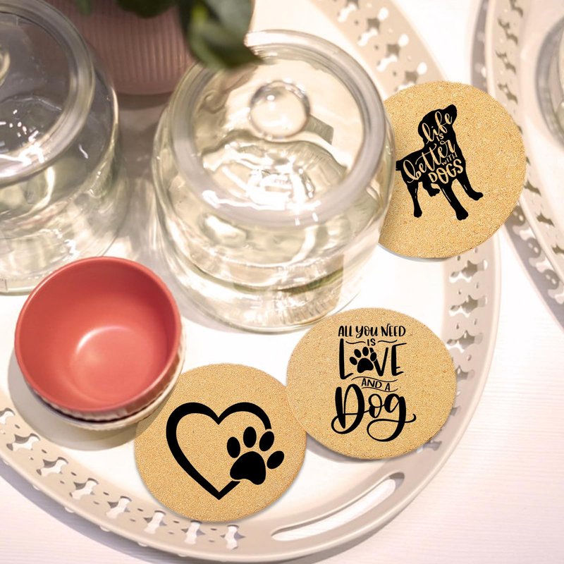 Cegkuc Coasters for Drinks with Set of 6, Cute Dog Coaster for New Home Couples House Warming Gifts Absorbent Paw Cork Wood Bulk for Cup Desk Coffee Table Office Kitchen Decor, Round 4"