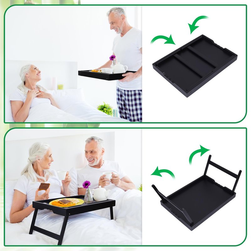 Artmeer Bamboo Bed Tray Table with Folding Legs, Phone/Tablet Holder, Foldable Breakfast Table, Laptop Desk (Black, Medium)