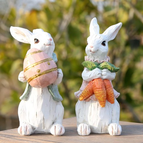 Hodao Easter Bunny Decorations - Spring Home Decor Bunny Figurines | Set of 2 White Rabbits