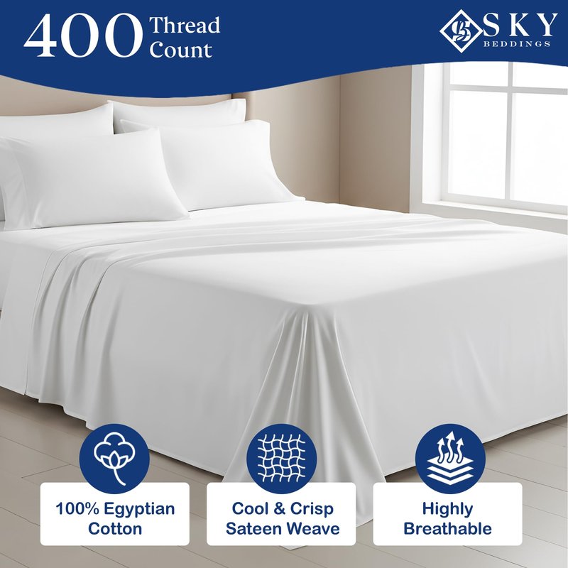 SKY BEDDINGS 100% Cotton RV King Sheets 4 Piece - 400 Thread Count Sateen Weave, RV King Sheets Set 72" X 80" with 15" Deep Pockets, Cooling, Breathable Cotton RV Camper Sheets Set - White