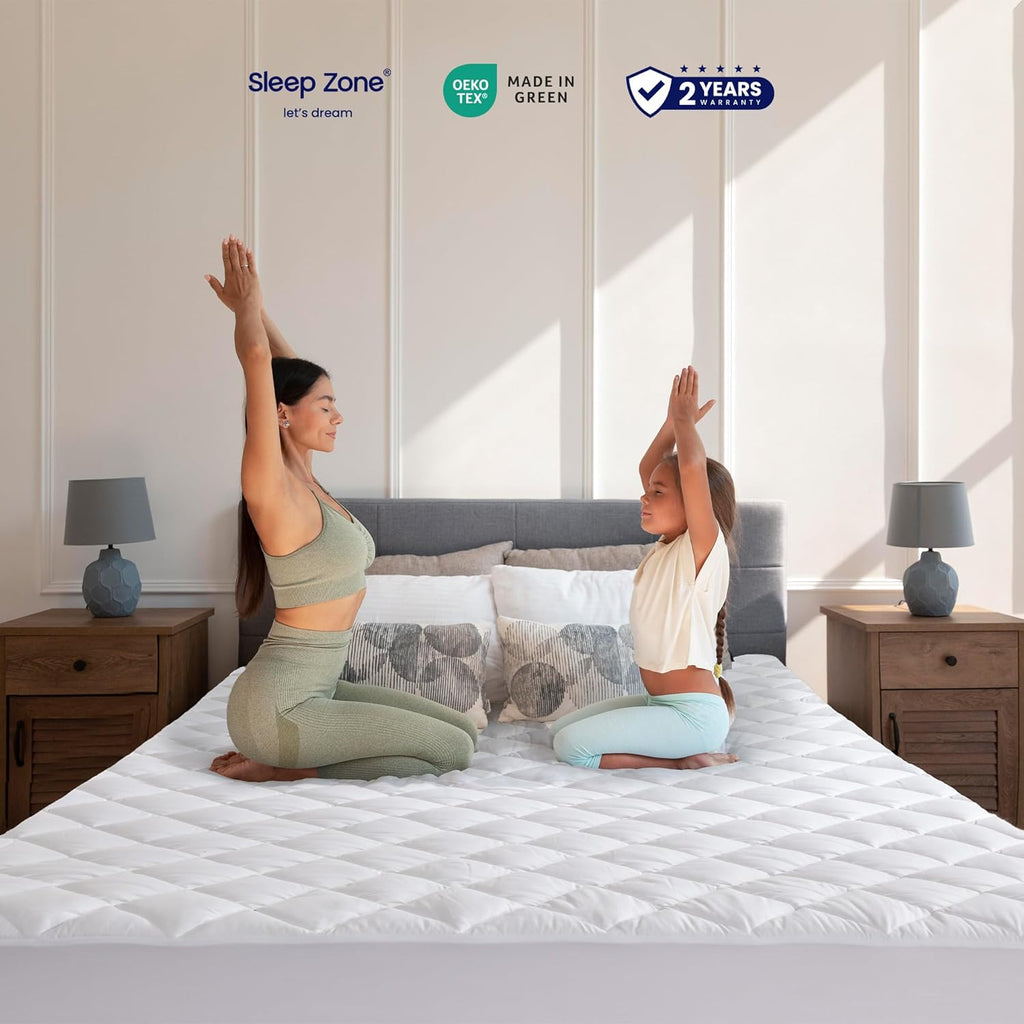 Sleep Zone Mattress Cover - Queen Size Quilted Fitted Protector | Deep Pocket Up to 21 Inches, Breathable White Topper (60x80)