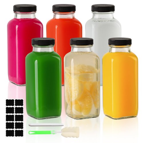 Miukada Glass Juice Bottles with Lids 12 oz, Reusable Glass Bottles 6 pcs, Square Juice Jars, Drink Containers with Caps for Smoothies, Kombucha, Beverages