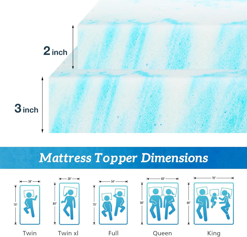 Sweetcrispy Mattress Topper - Cooling Gel Infused Memory Foam | 2 Inch Thick for Queen Size Bed, Blue