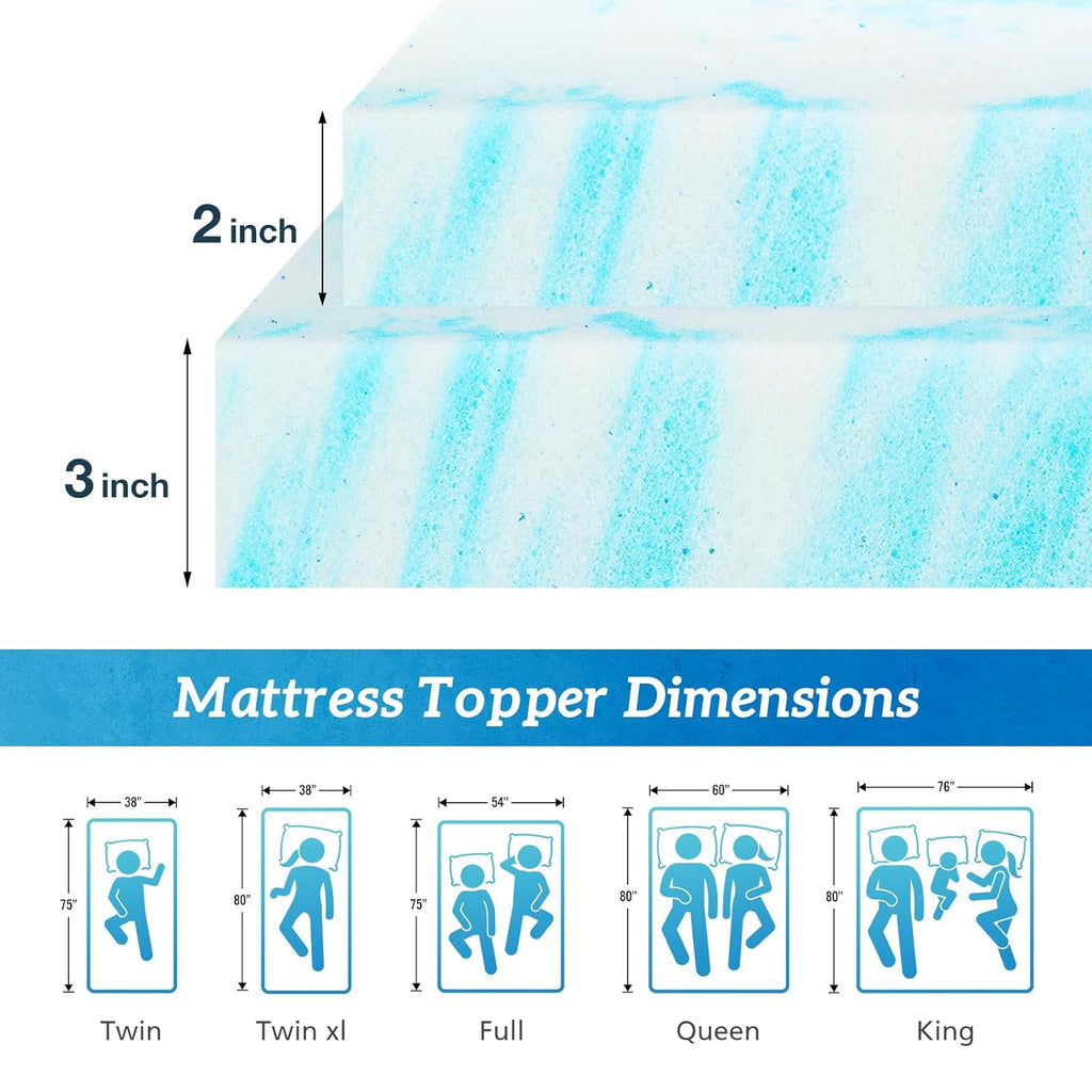 Sweetcrispy Memory Foam Mattress Topper - 3 Inch Thick Gel-Infused Cooling Pad for Twin Size Bed | CertiPUR-US Certified, Breathable Blue
