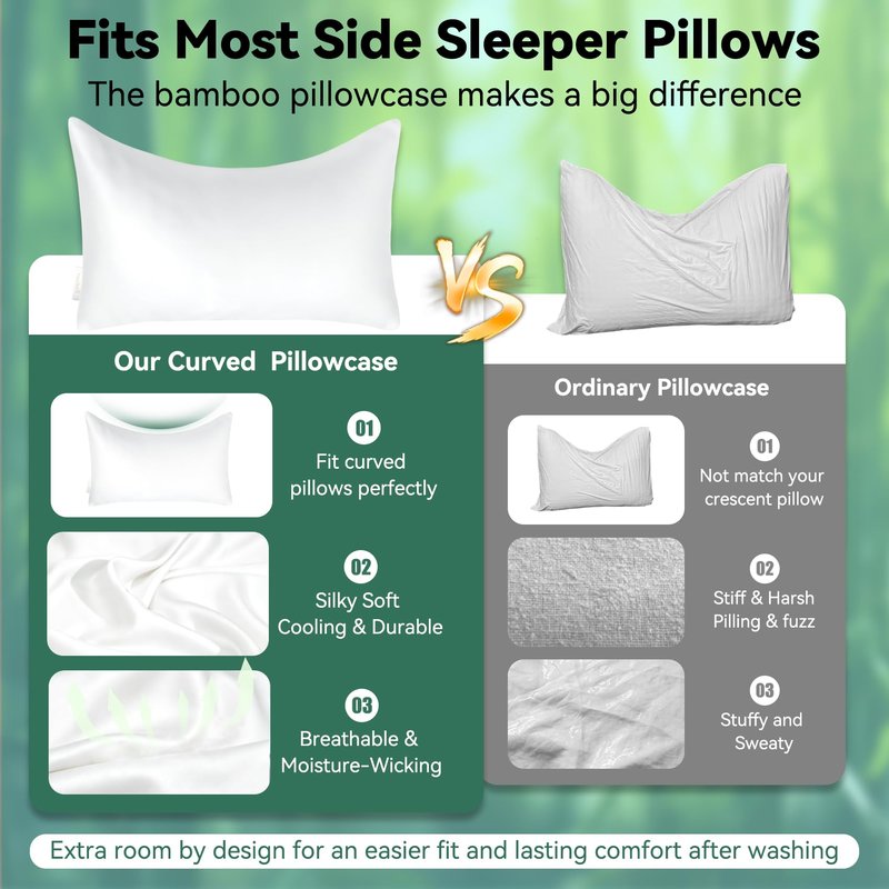 Cooling Curved Pillowcase for Side Sleeper Pillow - Rayon Derived from Bamboo Pillowcase with Zipper, Breathable and Soft Silky Cover for Hot Sleeper Protecting Hair & Skin Queen Size 1 Pack, White