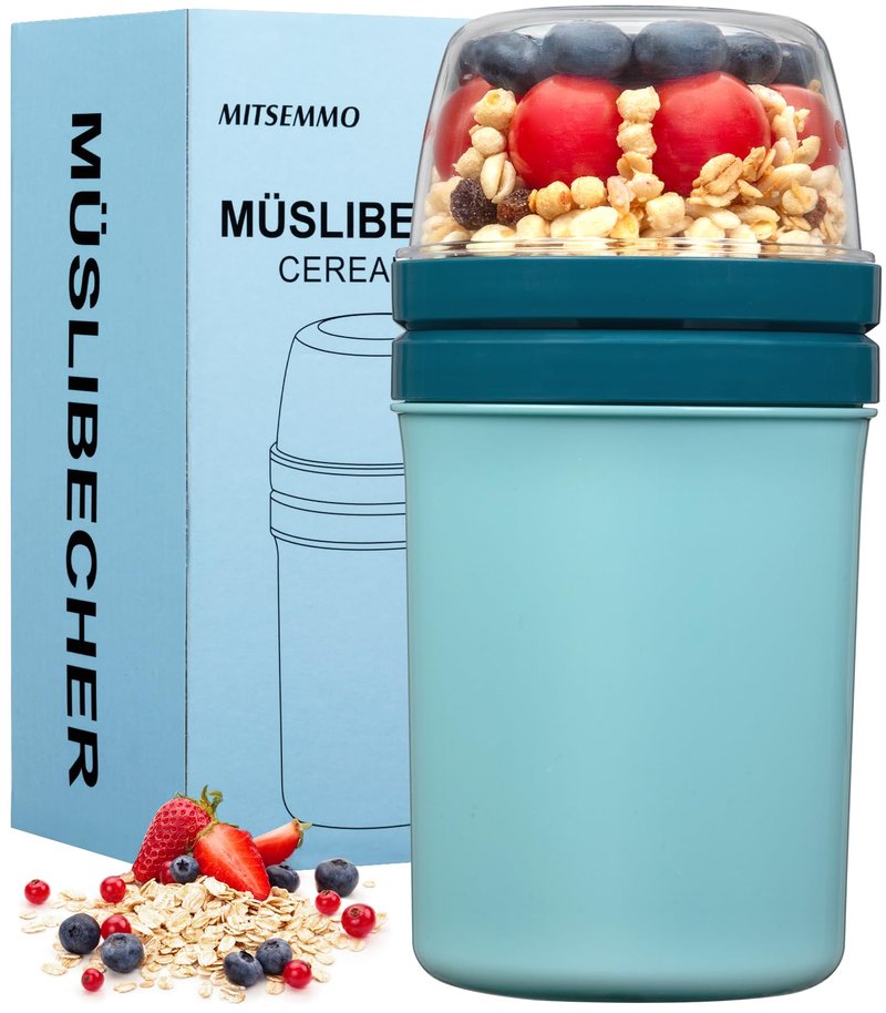 Mitsemmo Snack Cup,Reusable Snack Container with Lid,Yogurt Parfait Cups and Spoons,600ml+270ml Breakfast On The Go,Portable Cereal To Go Travel Cereal Bowl and Milk Container(Bule)