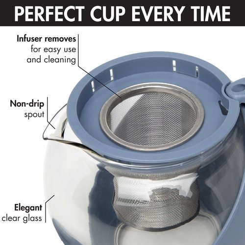 Primula Half Moon Teapot with Removable Infuser, Glass Tea Maker with Reusable Fine Mesh Stainless Steel Filter, Dishwasher Safe, 40-Ounce, Blue