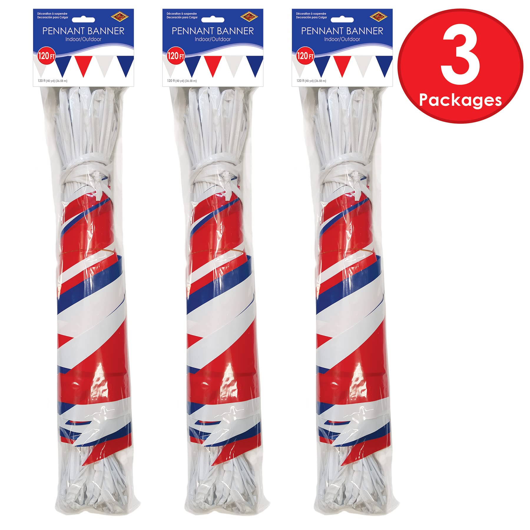 Beistle 3 Piece Plastic Red, White, & Blue Pennant Banners for USA 4th of July Decorations, Patriotic Party Supplies