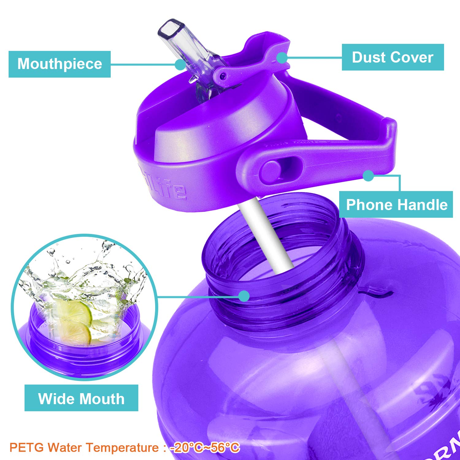 QuiFit 1 Gallon Water Bottle - with Straw & Motivational Time Marker Leak-Proof BPA Free Reusable Gym Sports Outdoor Large(128OZ) Capacity Water Jug(Light Purple,1 Gallon)