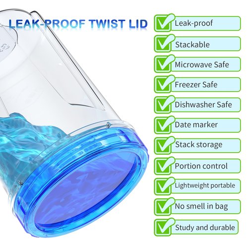 [32 oz 6 Pack] Food Storage Freezer Containers Clear bottom With blue Twist Top Lids Reusable, Plastic Airtight Meal Prep Containers BPA Free | Stackable | Leakproof | Microwave/Dishwasher Safe