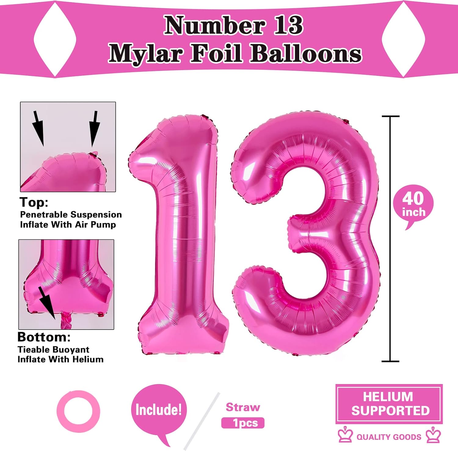 Regine Switzerland 40-Inch Pink Number 13 Balloons - Perfect for Kids' Birthday & Anniversary Celebrations