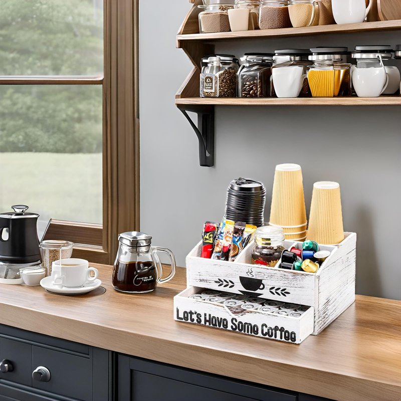 Nicunom Coffee Station Organizer for Countertop, Coffee Bar Accessories Organizer Rustic Wood K Cup Espresso Pod Holder, Coffee and Tea Condiment Storage Caddy for Cups, Coffee Pods, Sugar, Syrup
