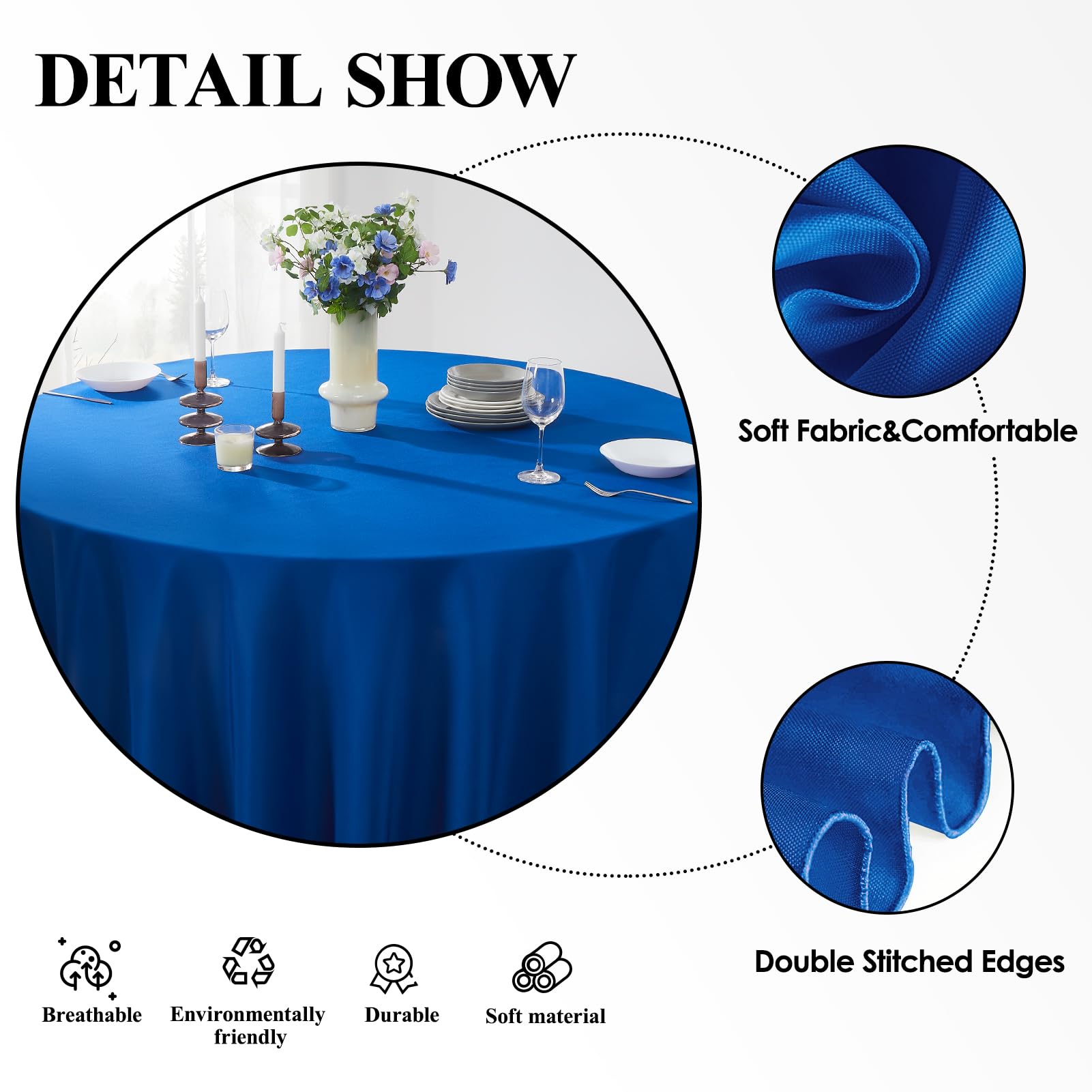 Aocoz Round Tablecloth 132 Inch 6 Pack Royal Blue Tablecloths Washable Decorative Linen Polyester Table Clothes Cover for Dining Table Banquets Buffet Parties and Wedding