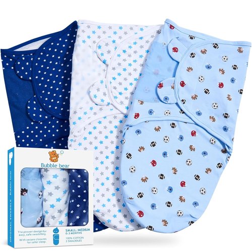 Bubble Bear Baby Swaddle 3-Pack | Adjustable Newborn Sleep Sack Blanket for Infants 0-3 Months - Blue