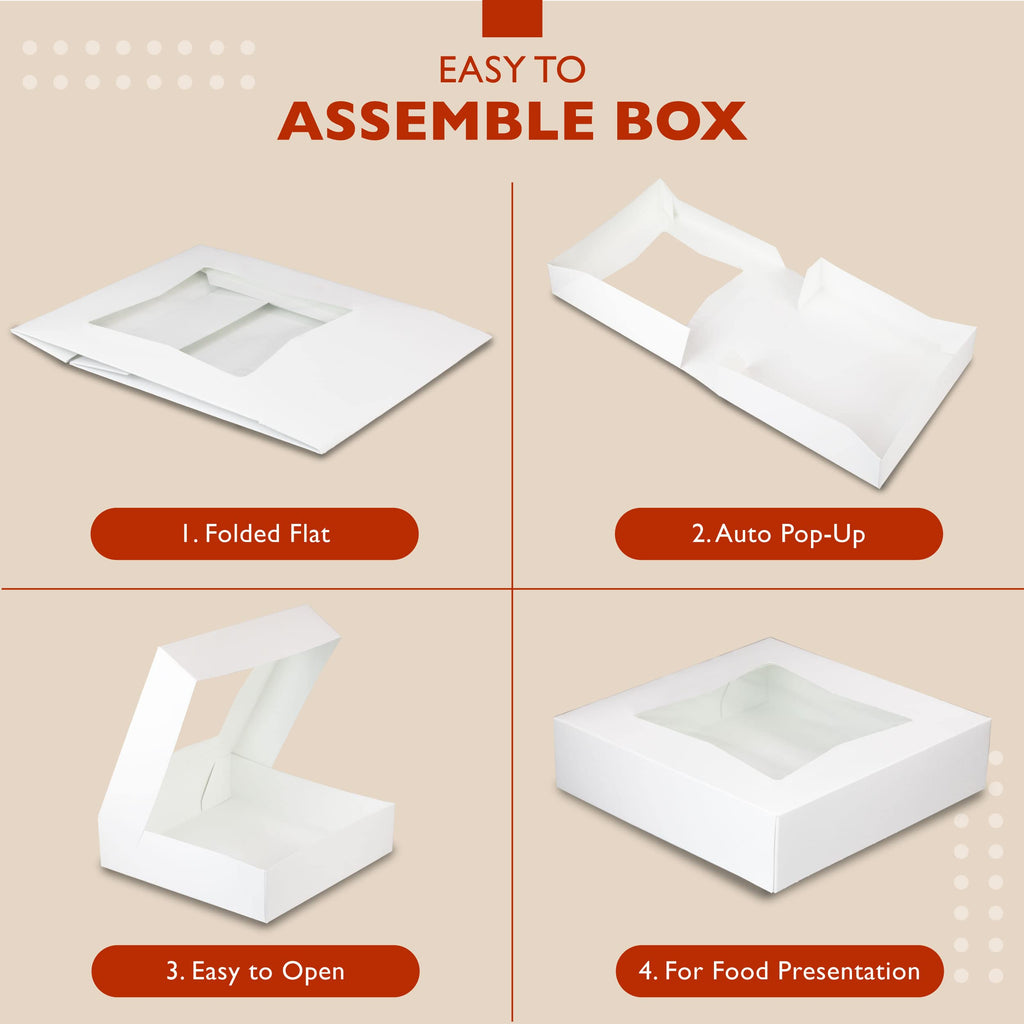 [25 Pack] Bakery / Pie Box with Window 10x10x2.5" - White Cardboard Packaging for Cupcake, Cookies and Pastry, Restaurant Containers And Personalized Favors