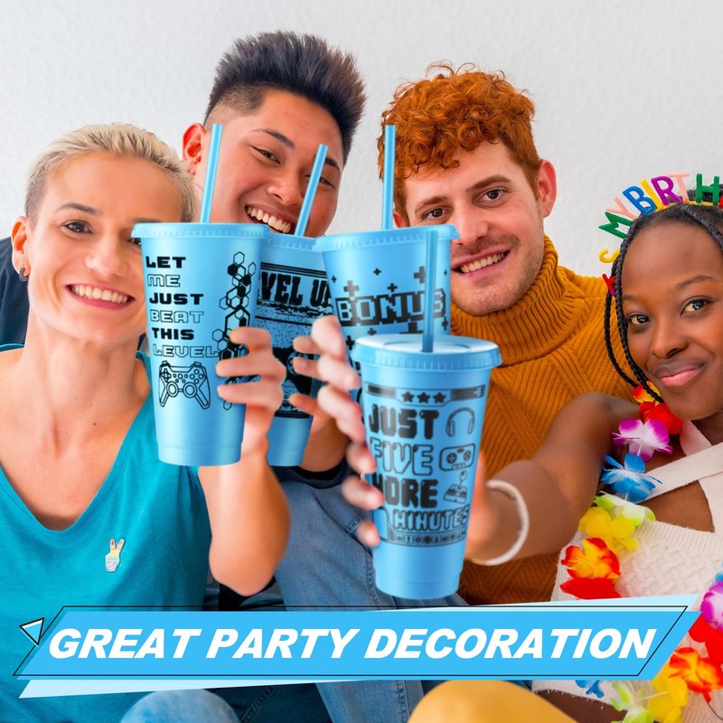 Mifoci Video Game Plastic Cups with Lids and Straws Reusable Tumbler with Lid and Straw Cute Iced Coffee Travel Cups Mug Water Bottle for Adult Kid Gaming Birthday Supplies(Blue,12 Pcs)