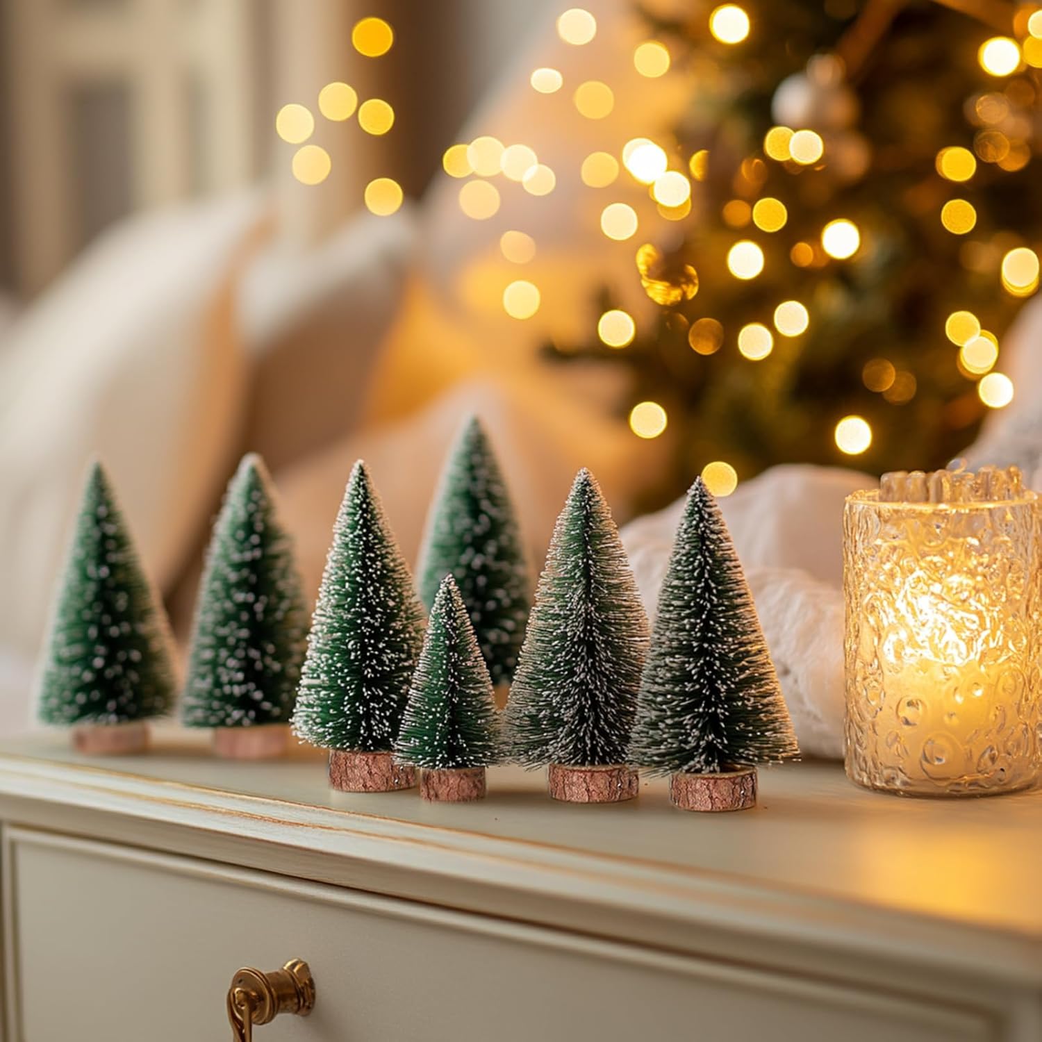 Skiennix 10-Pack Mini Christmas Tree Bottle Brush Ornaments - 4-Inch Snowy Decor with Wooden Base