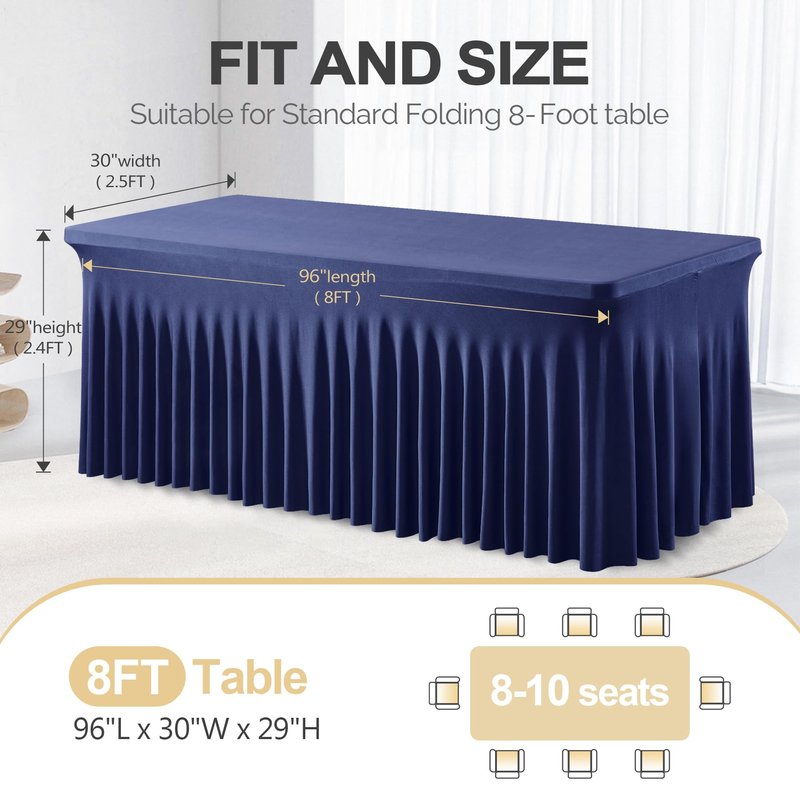 PARTISKY 2 Pack Navy Blue Table Cover for Rectangle Tables 8ft,One-Piece Spandex Elastic Table Cloth with Skirt for Wedding Folding Table Banquet Baby Shower & Birthday Parties