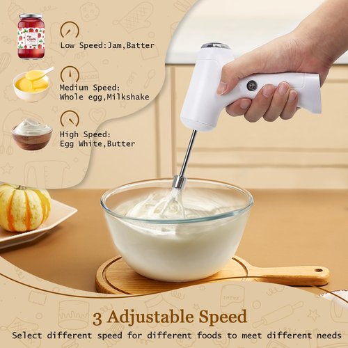 CHIDOYII Cordless Hand Mixer, Handheld Electric Whisk with 3 Speed Modes, Hand Held Egg Beater with 2 Detachable Stir Whisks (White Silver)