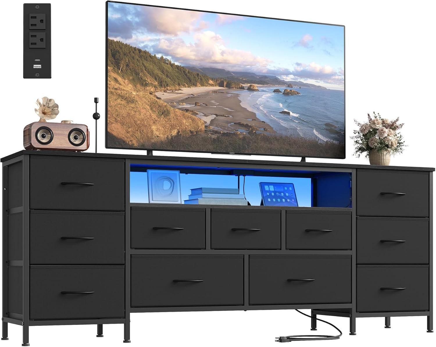 SONGMICS TV Stand - Modern Chest of Drawers for TVs Up to 70 Inches, 11 Drawers, Ink Black