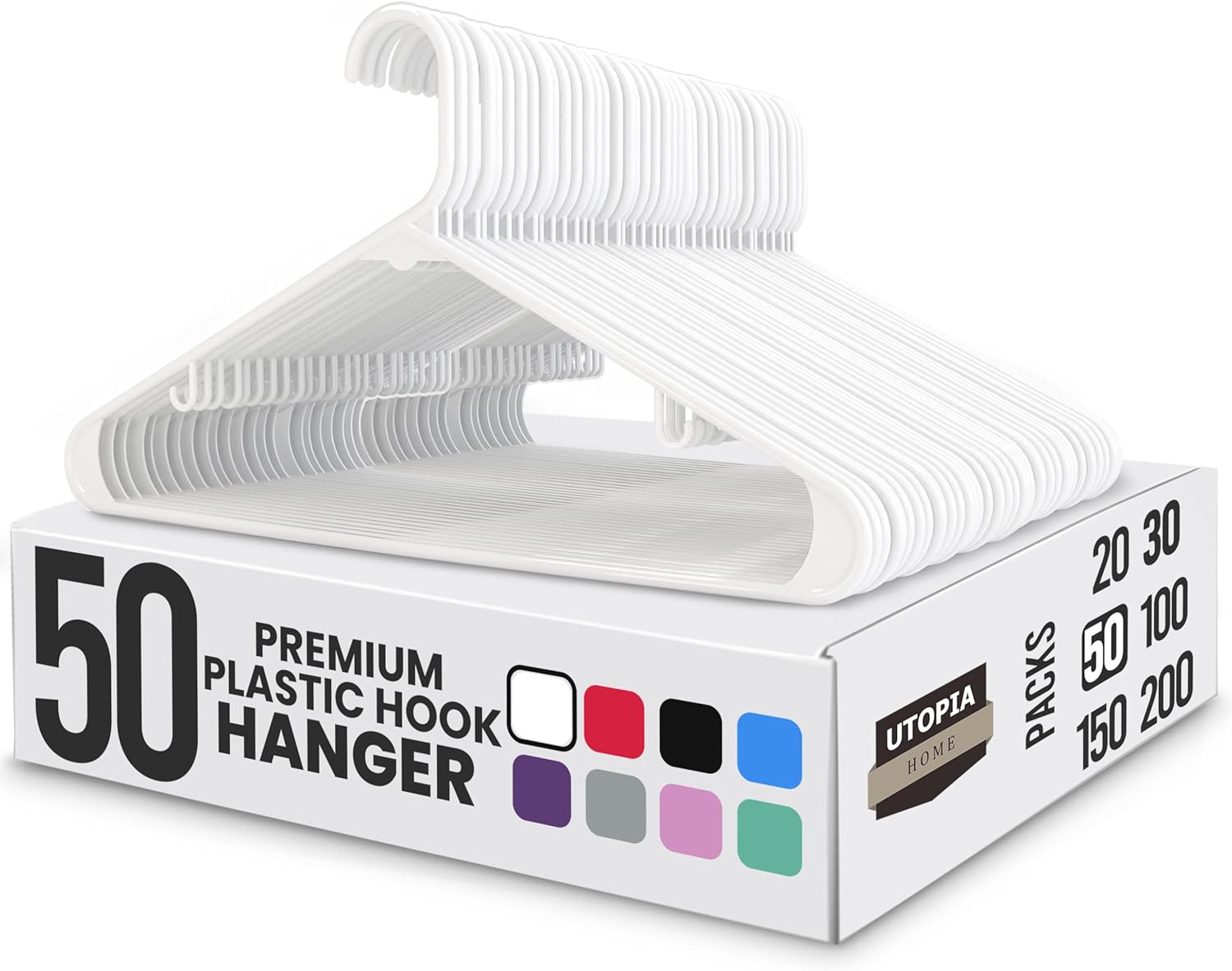 Utopia Home Plastic Hangers 50 Pack - Durable Space-Saving Closet Organizers - Ideal for Shirts, Pants, Skirts & Coats (White)